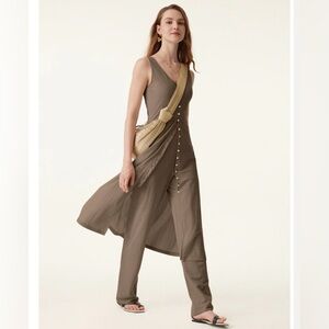 OGL 2Pcs Set V-neck Button Front Midi Vest Dress & Mid Rise Straight Leg Pant